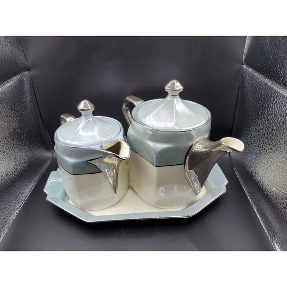 Vintage Beyer & Boch Ceramic Tea Pot Creamer Set W/ Tray Blue Silver Iridescent - Picture 2 of 10